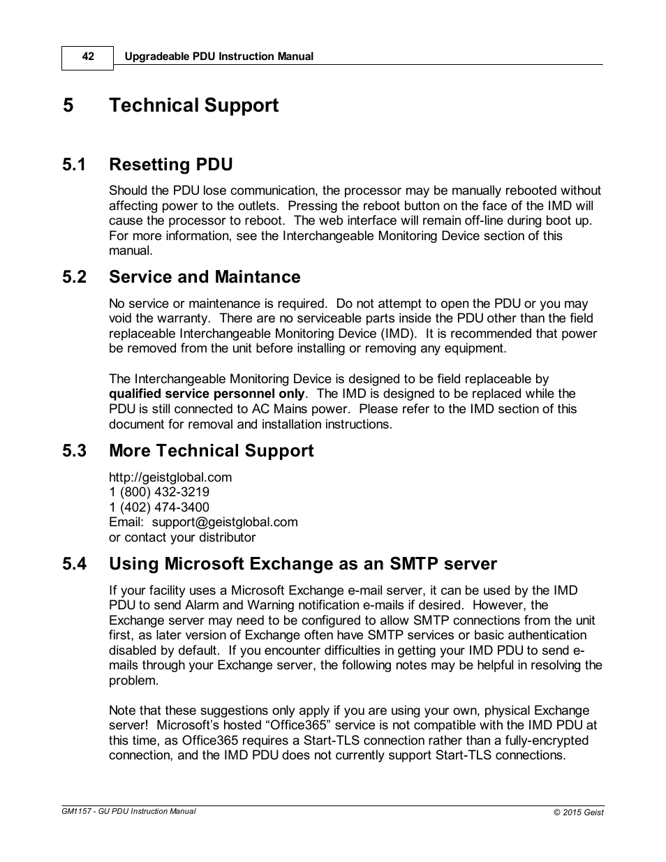 Technical support, Resetting pdu, Service and maintance | More technical support, Using microsoft exchange as an smtp server, Part v technical support, 5technical support, 1 resetting pdu, 2 service and maintance, 3 more technical support | Geist Upgradeable PDU User Manual | Page 42 / 43