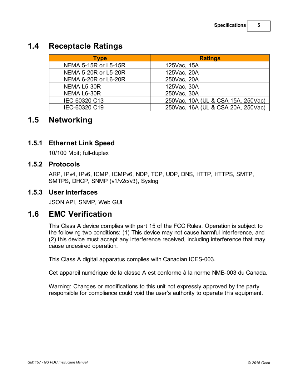 Receptacle ratings, Networking, Ethernet link speed | Protocols, User interfaces, Emc verification, 4 receptacle ratings, 5 networking, 6 emc verification | Geist Upgradeable PDU User Manual | Page 5 / 43
