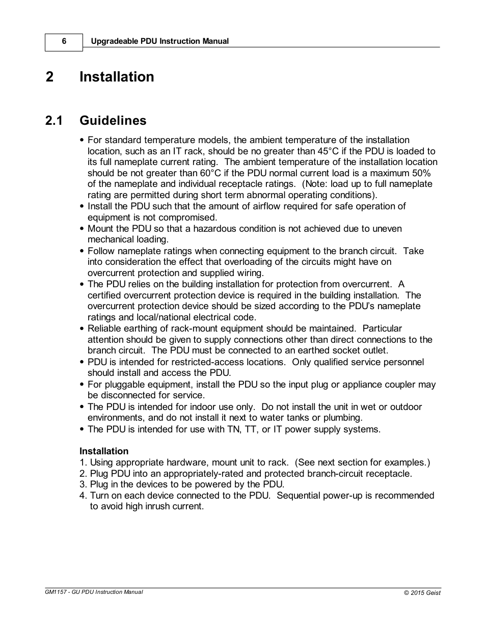 Installation, Guidelines, Part ii installation | 2installation, 1 guidelines | Geist Upgradeable PDU User Manual | Page 6 / 43