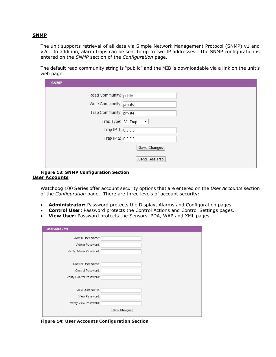 Snmp, User accounts | Geist Watchdog 100 User Manual | Page 15 / 26