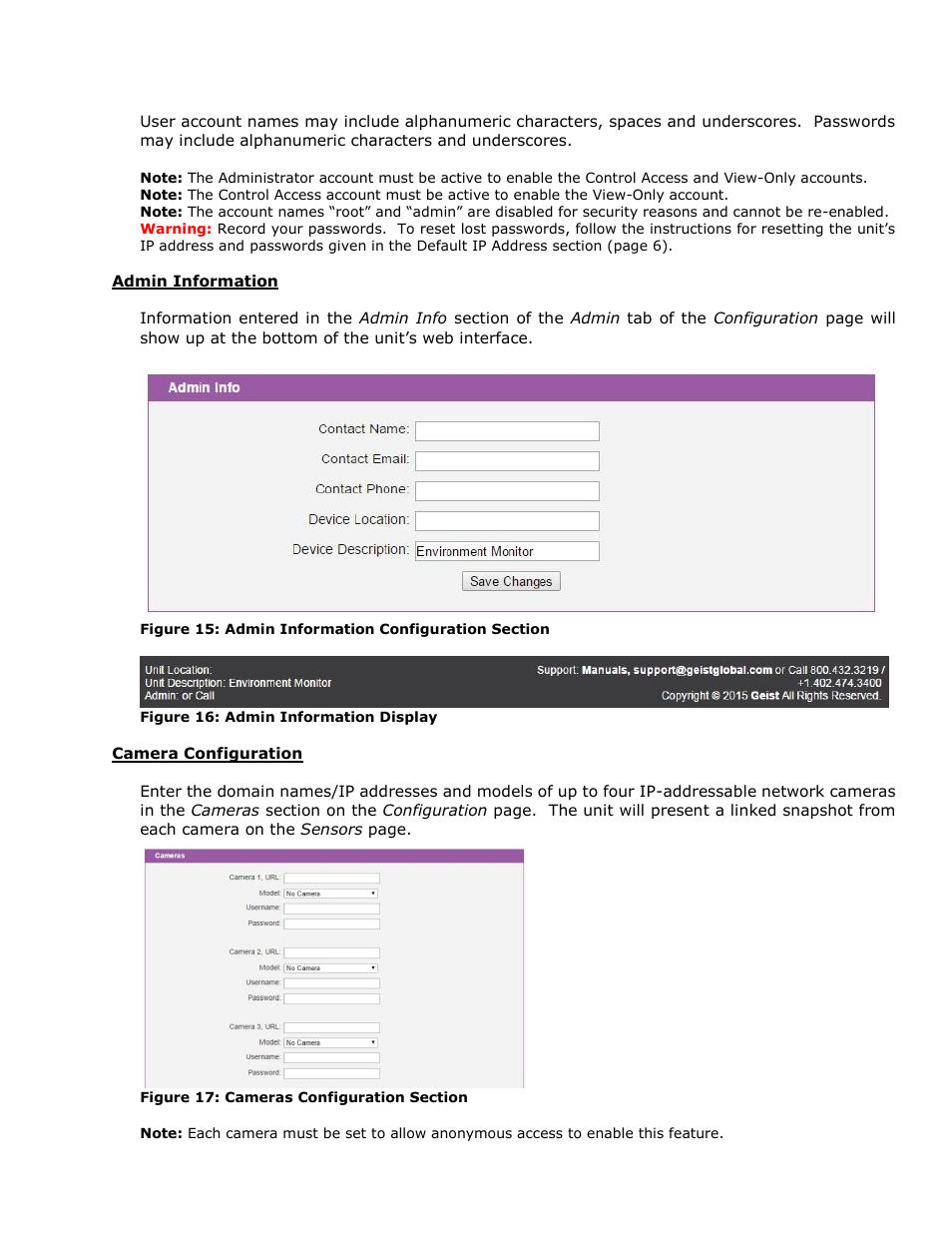 Admin information, Camera configuration | Geist Watchdog 100 User Manual | Page 16 / 26