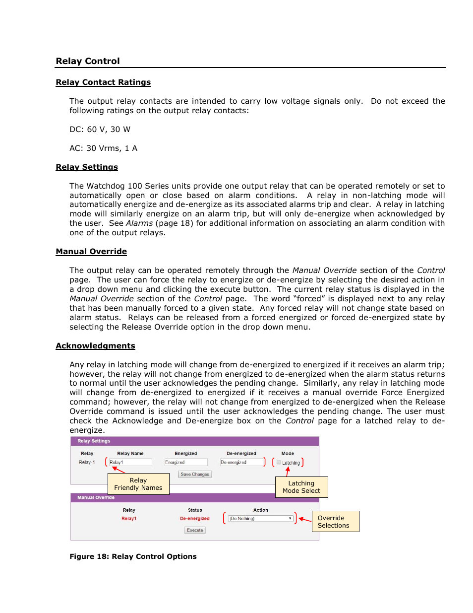 Relay control, Relay contact ratings, Relay settings | Manual override, Acknowledgments | Geist Watchdog 100 User Manual | Page 17 / 26