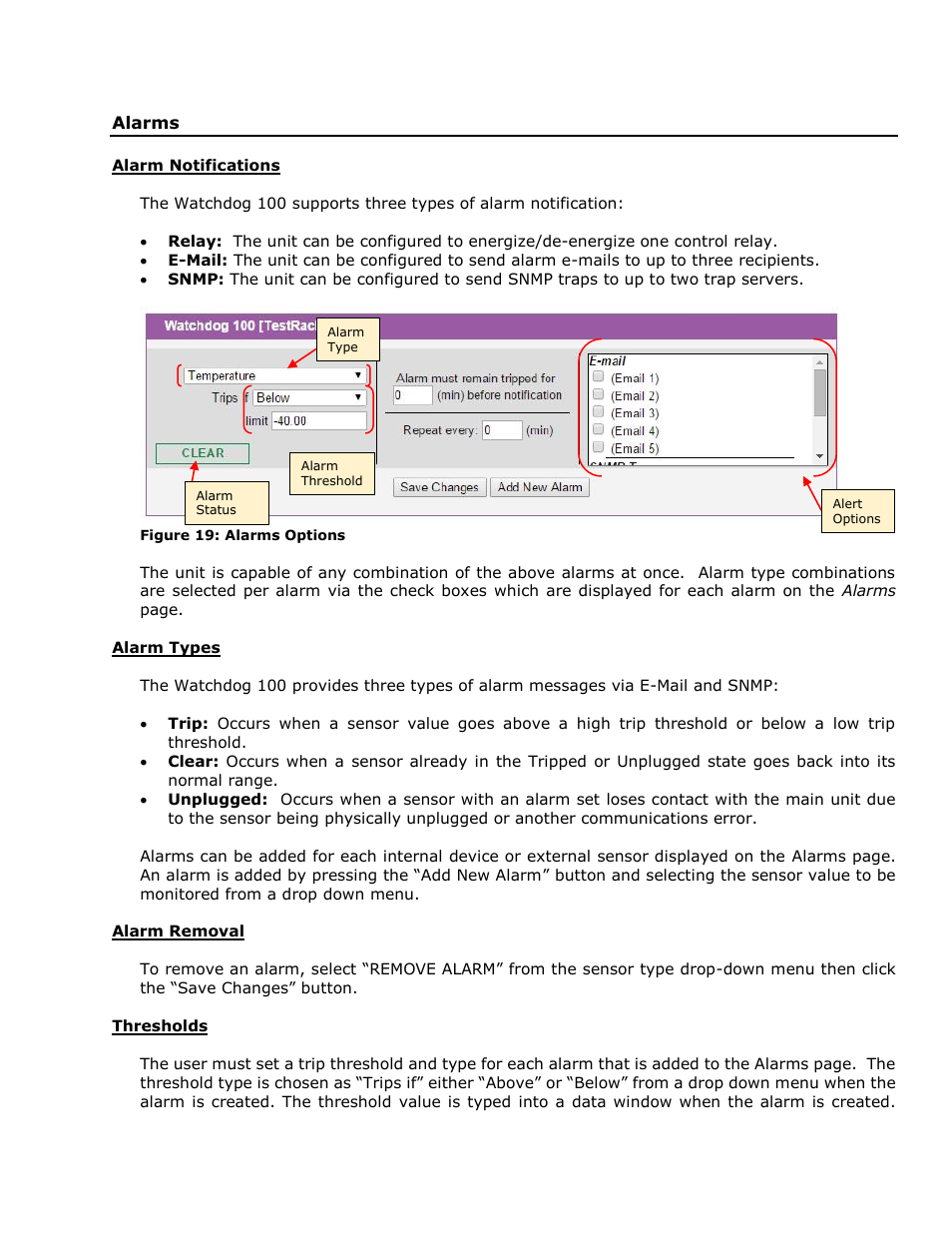 Alarms, Alarm notifications, Alarm types | Alarm removal, Thresholds | Geist Watchdog 100 User Manual | Page 18 / 26