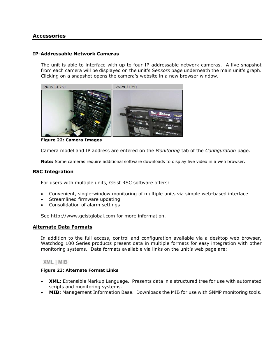 Accessories, Ip-addressable network cameras, Rsc integration | Alternate data formats | Geist Watchdog 100 User Manual | Page 23 / 26