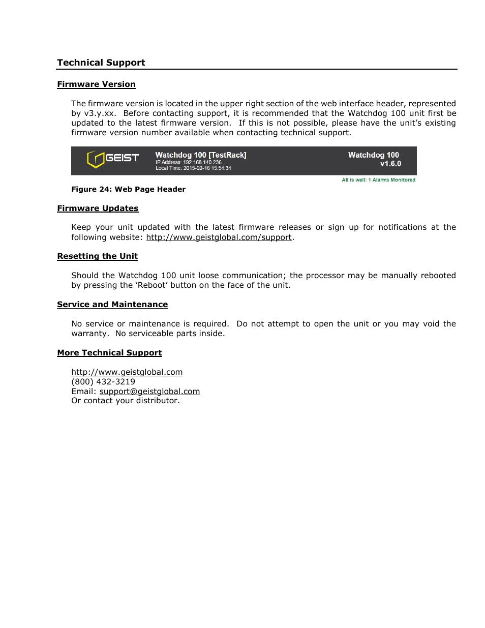 Technical support, Firmware version, Firmware updates | Resetting the unit, Service and maintenance, More technical support | Geist Watchdog 100 User Manual | Page 24 / 26