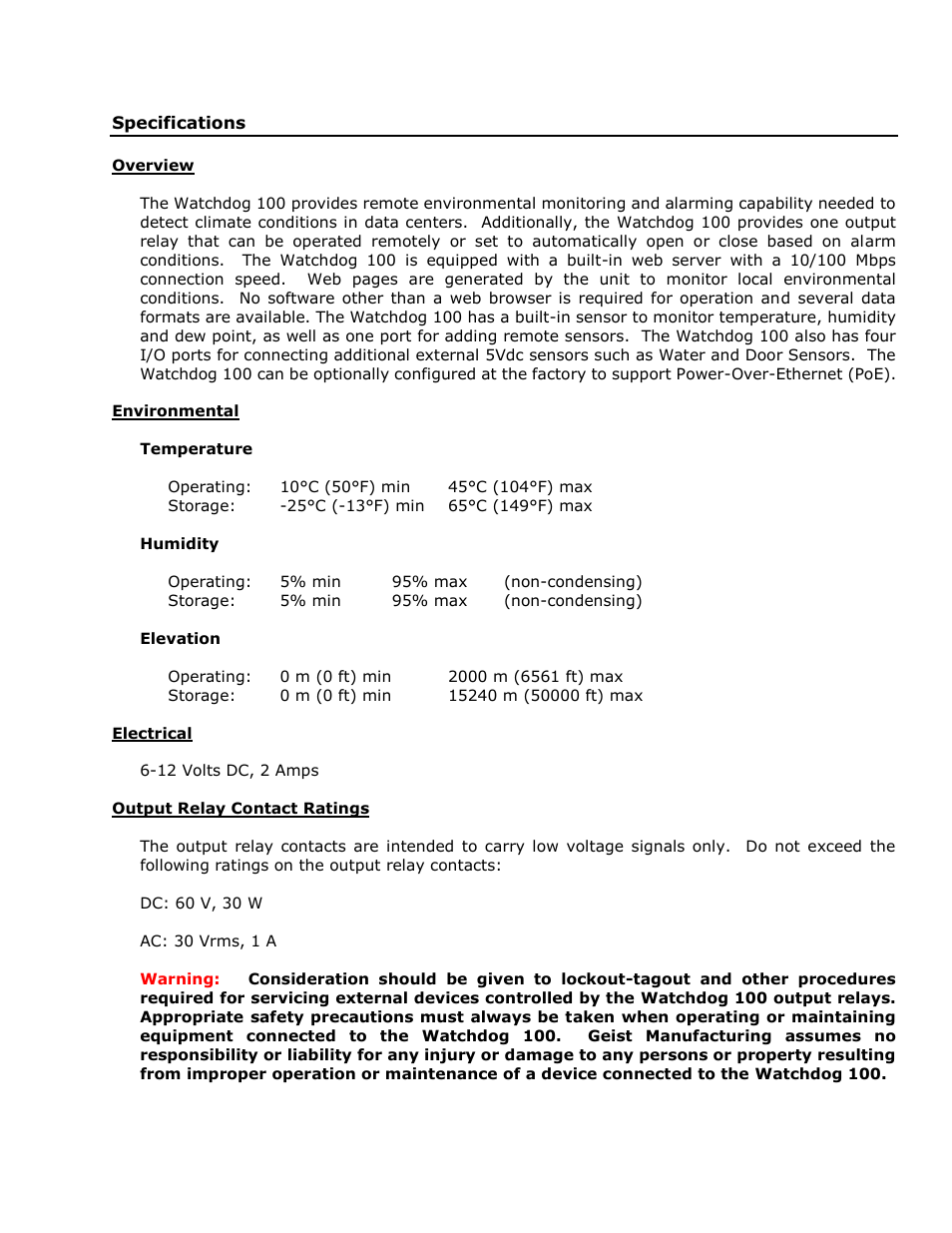 Specifications, Overview, Environmental | Electrical, Output relay contact ratings | Geist Watchdog 100 User Manual | Page 3 / 26