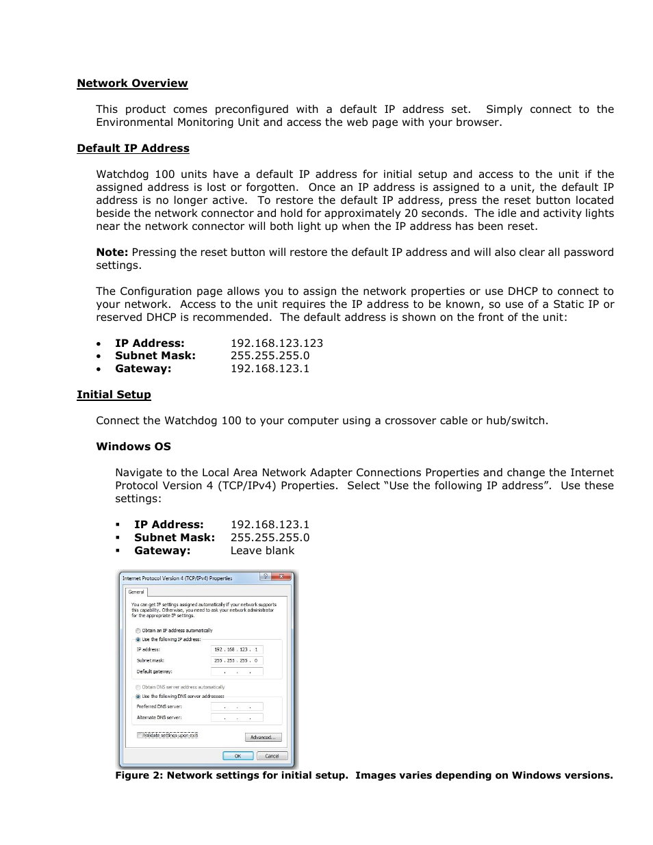 Network overview, Default ip address, Initial setup | Geist Watchdog 100 User Manual | Page 6 / 26