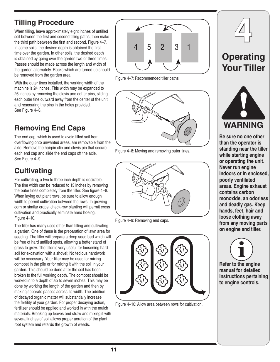 Operating your tiller, Warning | Cub Cadet Series 390 User Manual | Page 11 / 20