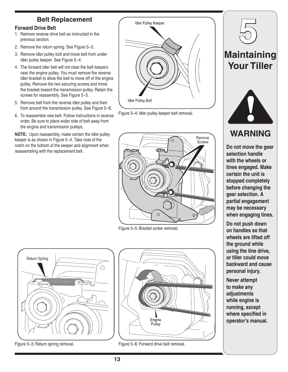 Maintaining your tiller, Warning | Cub Cadet Series 390 User Manual | Page 13 / 20