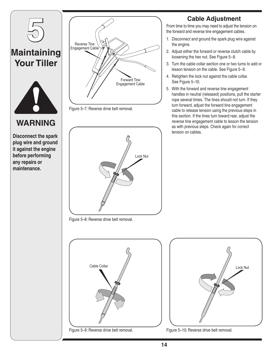 Maintaining your tiller, Warning | Cub Cadet Series 390 User Manual | Page 14 / 20