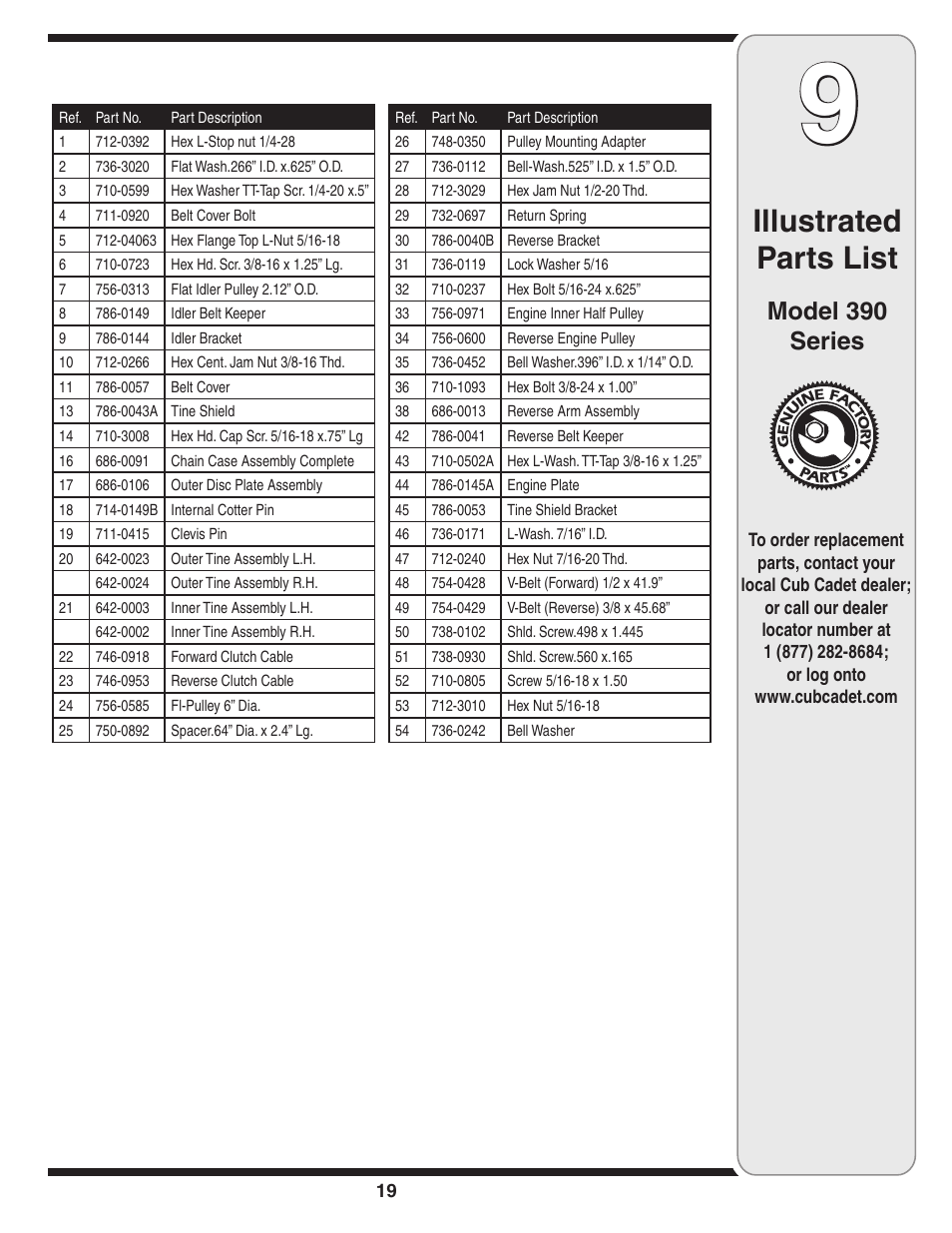 Illustrated parts list, Model 390 series | Cub Cadet Series 390 User Manual | Page 19 / 20