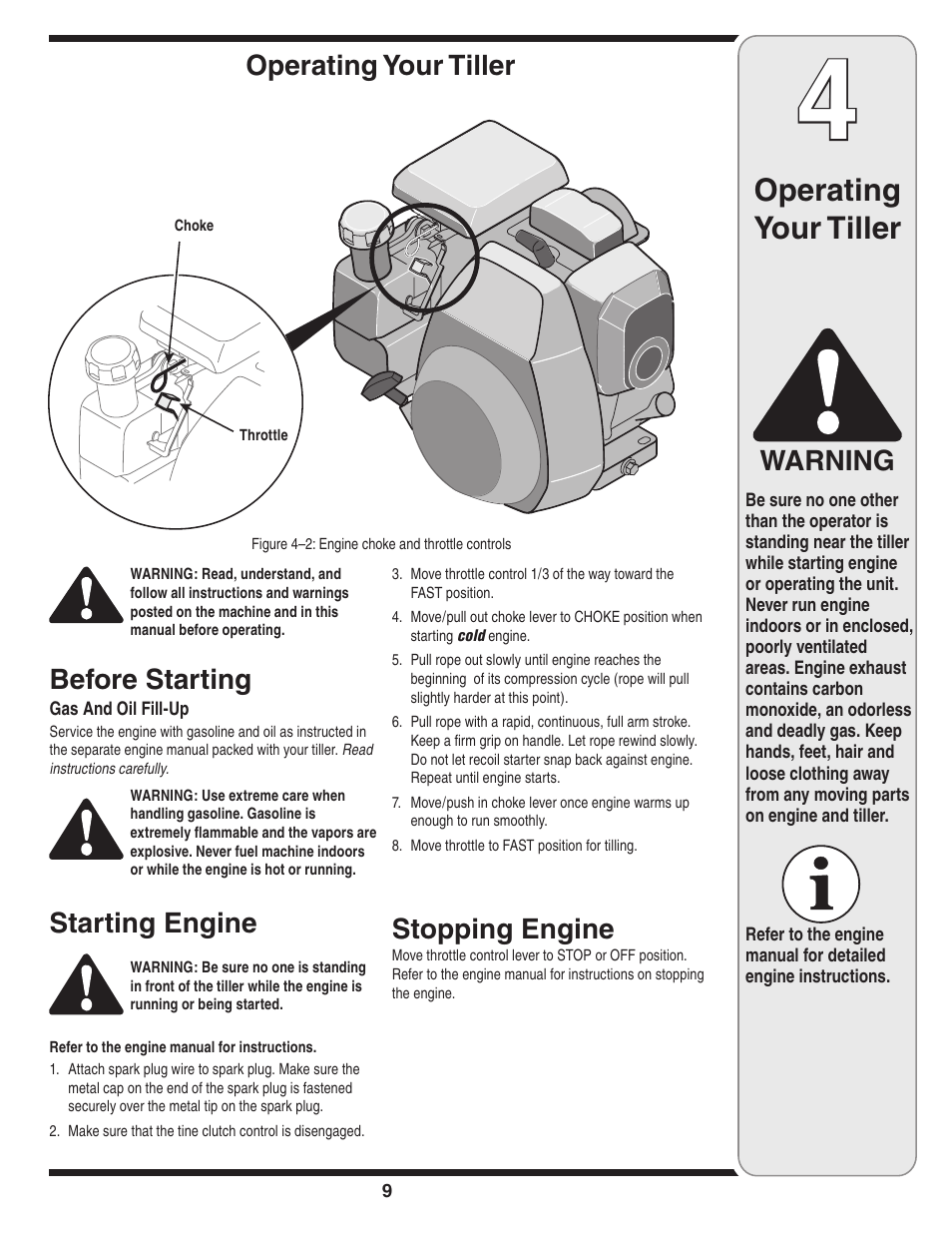 Operating your tiller, Warning, Before starting | Starting engine, Stopping engine | Cub Cadet Series 390 User Manual | Page 9 / 20