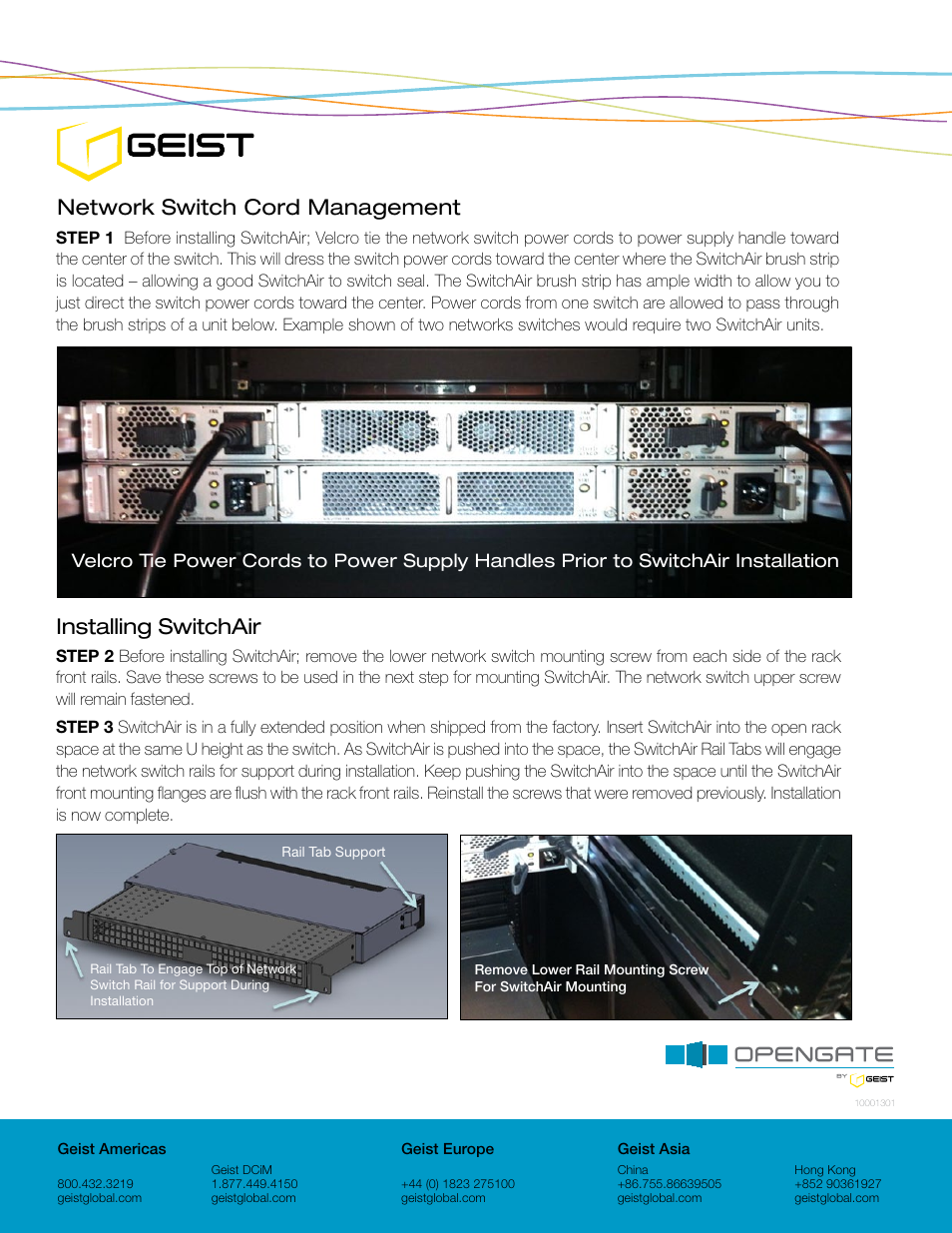 Network switch cord management, Installing switchair | Geist SA1-01002 User Manual | Page 2 / 2