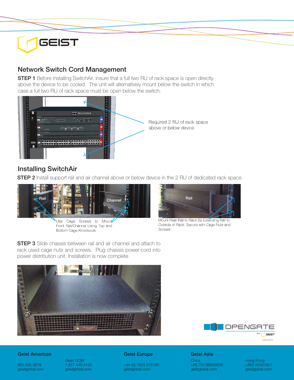 Network switch cord management, Installing switchair | Geist SA2-006 User Manual | Page 2 / 2