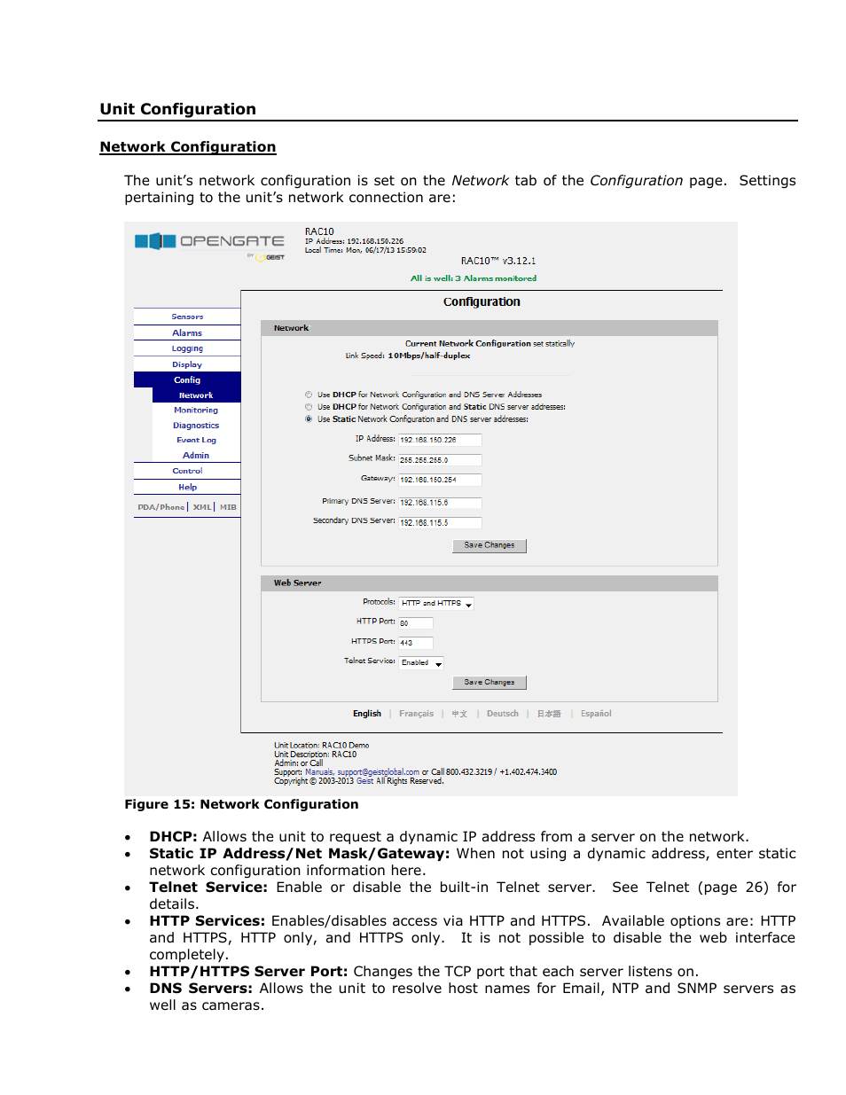 Unit configuration, Network configuration | Geist RAC User Manual | Page 22 / 36