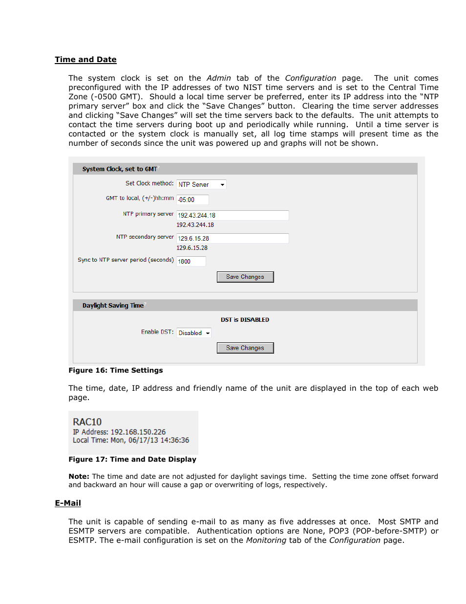 Time and date, E-mail | Geist RAC User Manual | Page 23 / 36