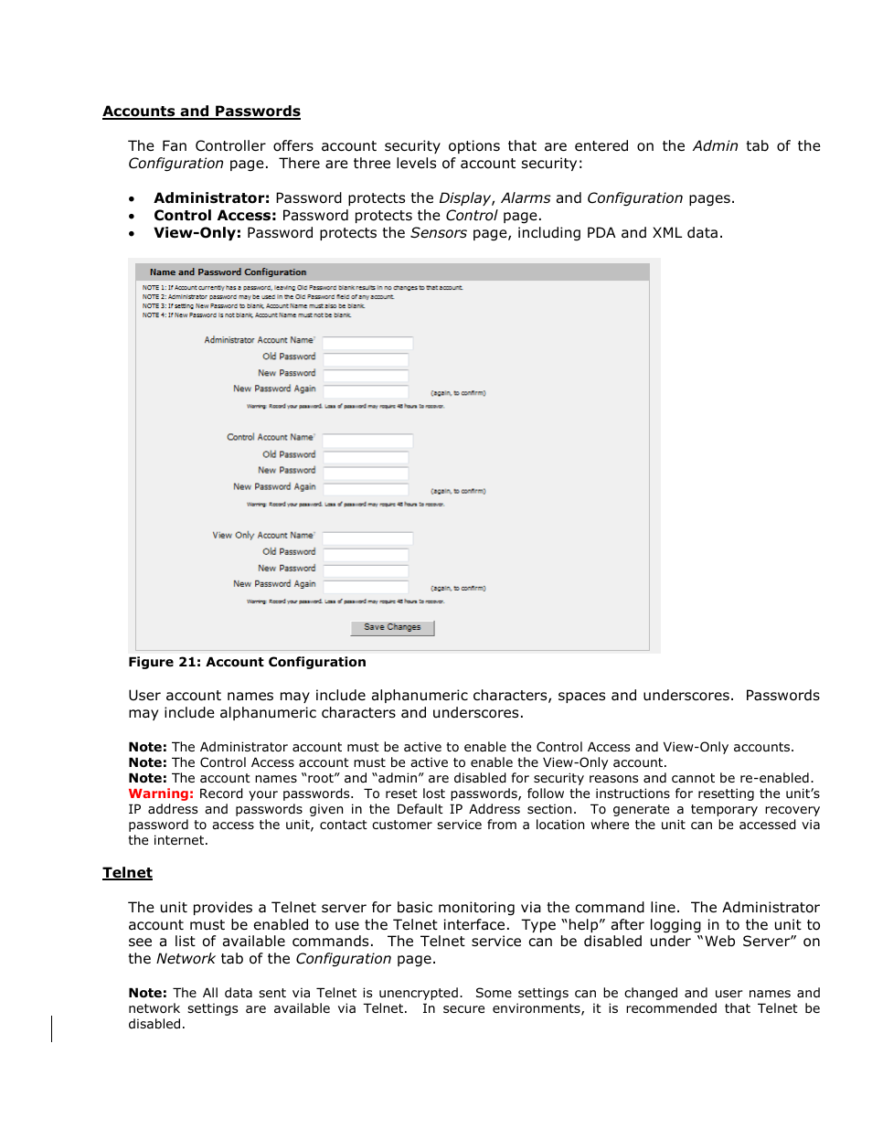 Accounts and passwords, Telnet | Geist RAC User Manual | Page 26 / 36