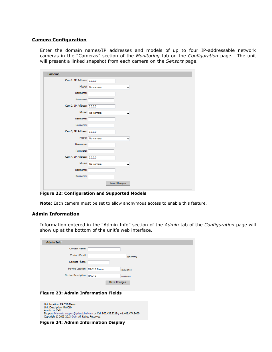 Camera configuration, Admin information | Geist RAC User Manual | Page 27 / 36