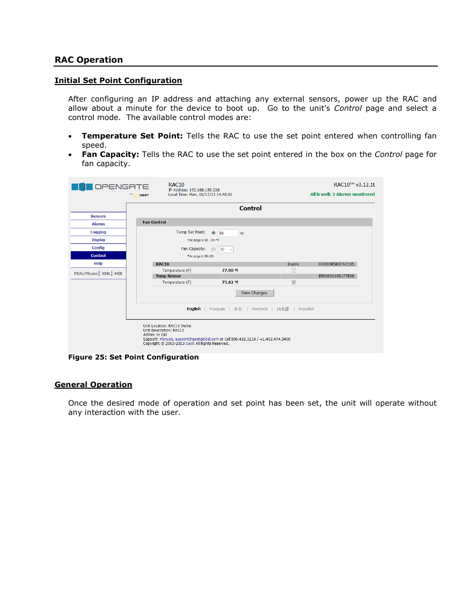 Rac operation, Initial set point configuration, General operation | Geist RAC User Manual | Page 28 / 36