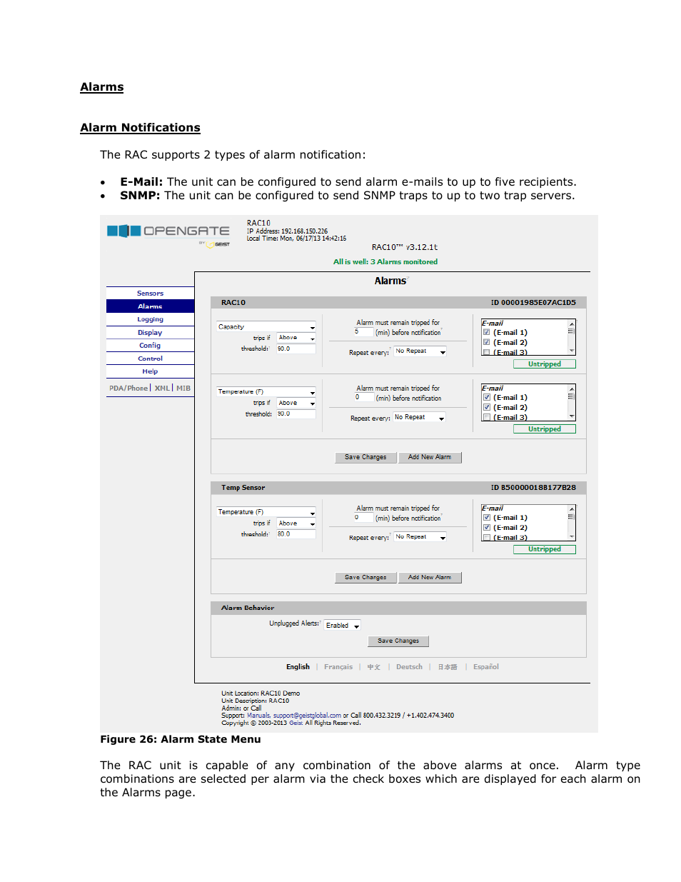 Alarms, Alarm notifications | Geist RAC User Manual | Page 29 / 36