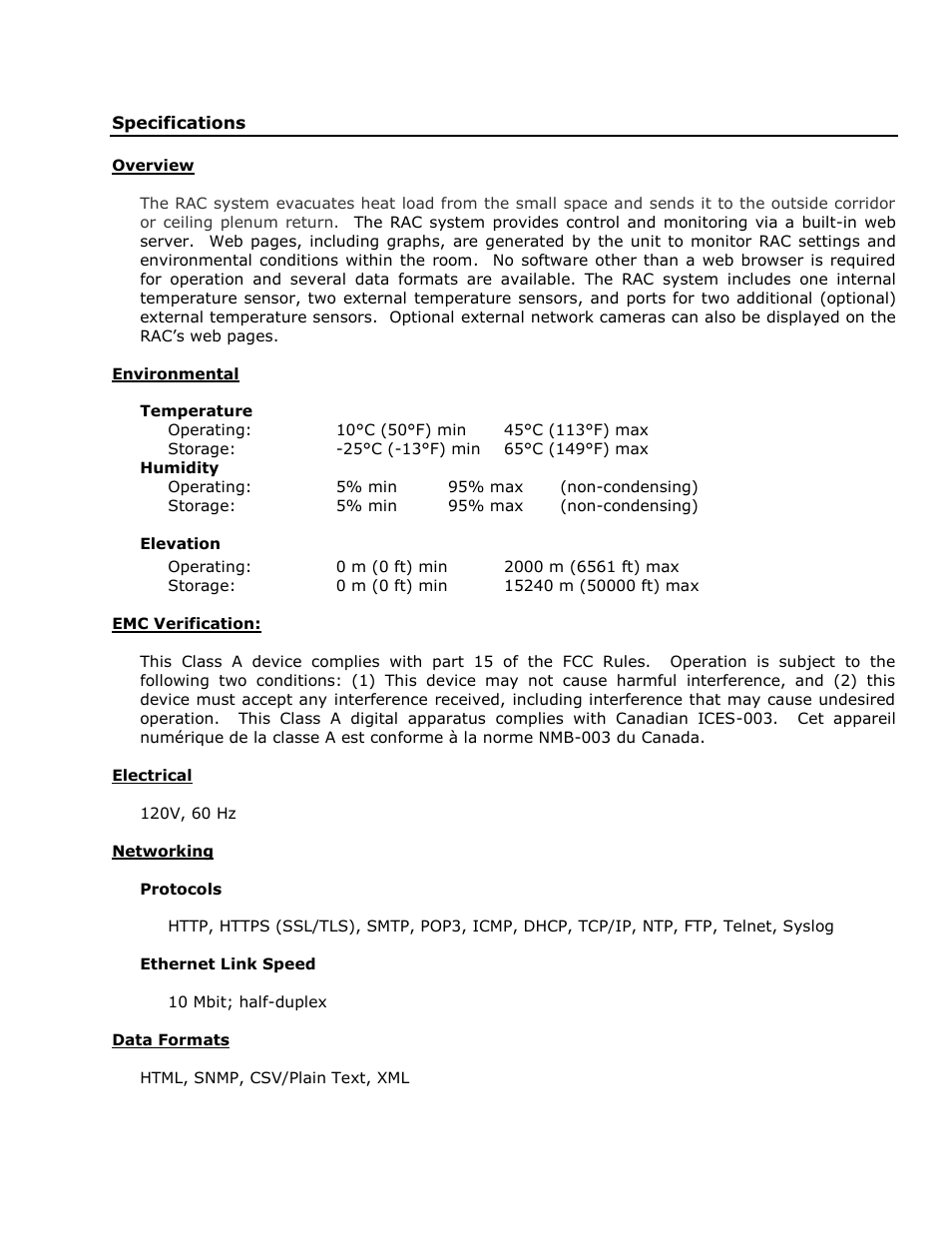 Specifications, Overview, Environmental | Electrical, Networking, Data formats | Geist RAC User Manual | Page 3 / 36