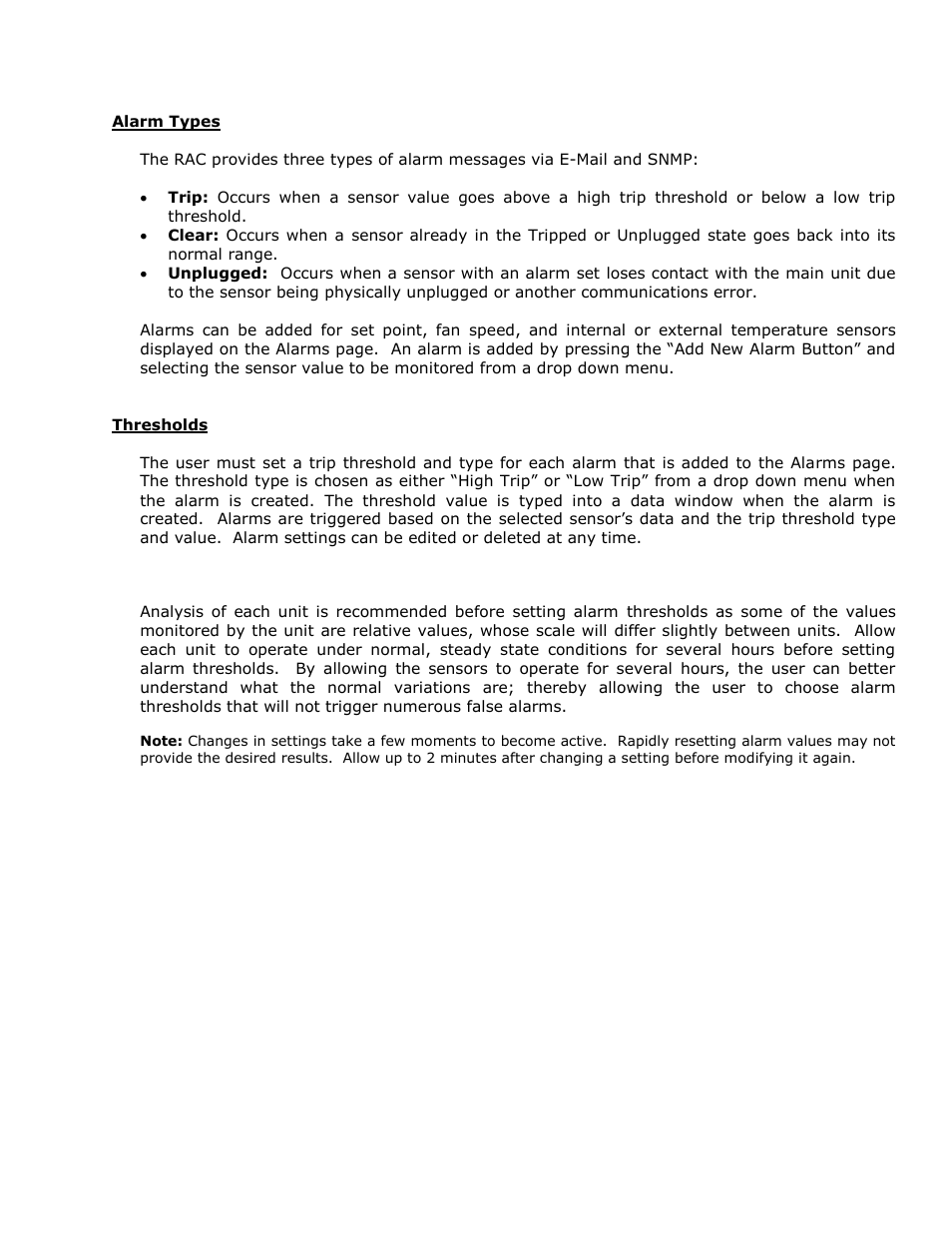 Alarm types, Thresholds | Geist RAC User Manual | Page 30 / 36