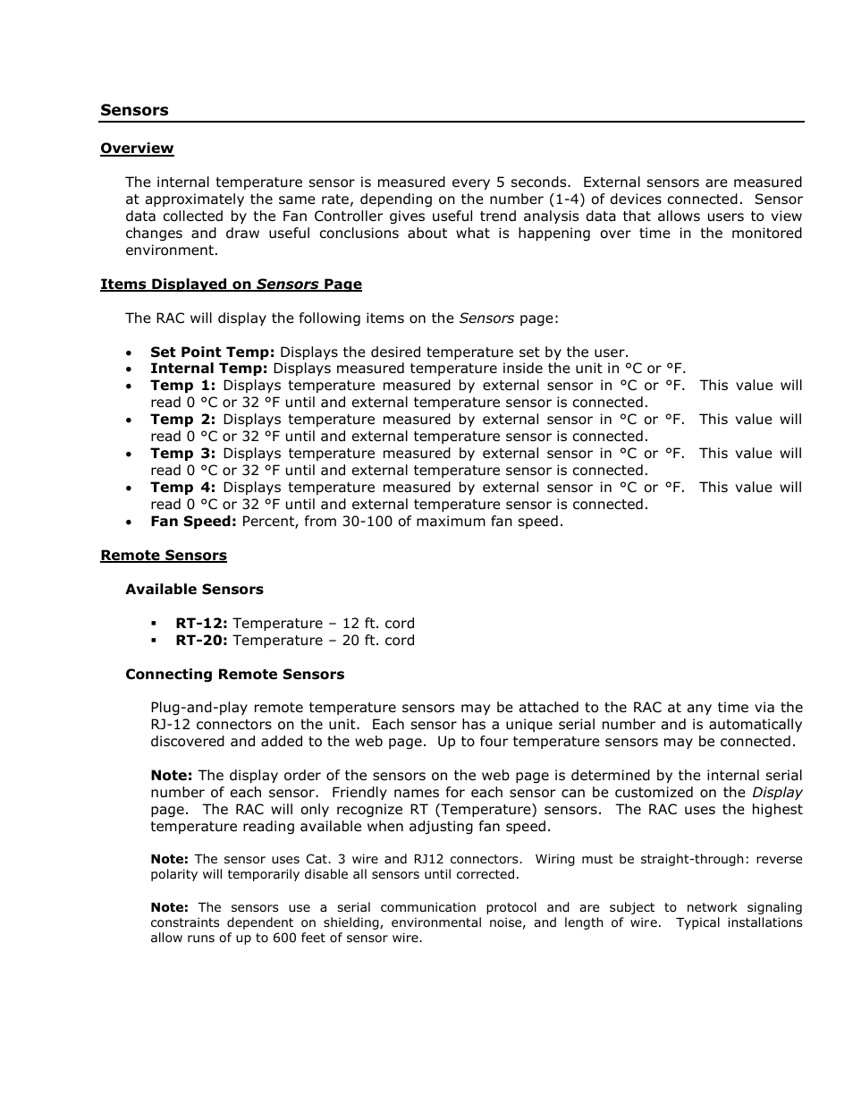 Sensors, Overview, Remote sensors | Data logging and display | Geist RAC User Manual | Page 31 / 36