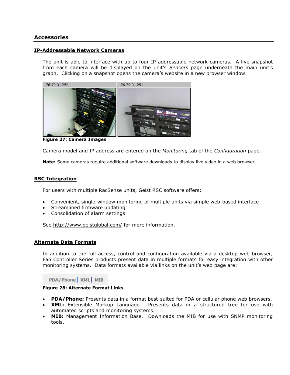 Accessories, Ip-addressable network cameras, Rsc integration | Alternate data formats | Geist RAC User Manual | Page 33 / 36