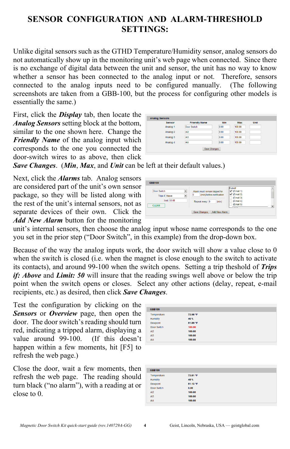 Sensor configuration and alarm-threshold settings | Geist Magnetic Door Switch Kit User Manual | Page 4 / 4