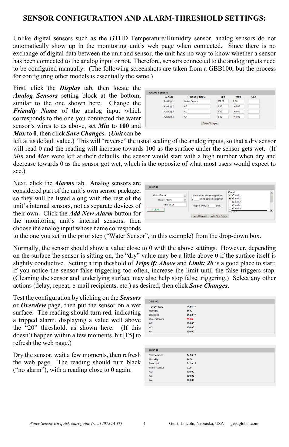 Sensor configuration and alarm-threshold settings | Geist Water Sensor Kit User Manual | Page 4 / 4