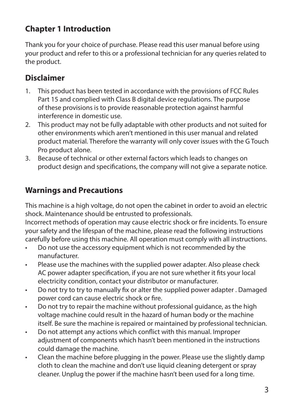 3chapter 1 introduction, Disclaimer, Warnings and precautions | Genee World G-Touch PRO – All in One PC User Manual | Page 3 / 12