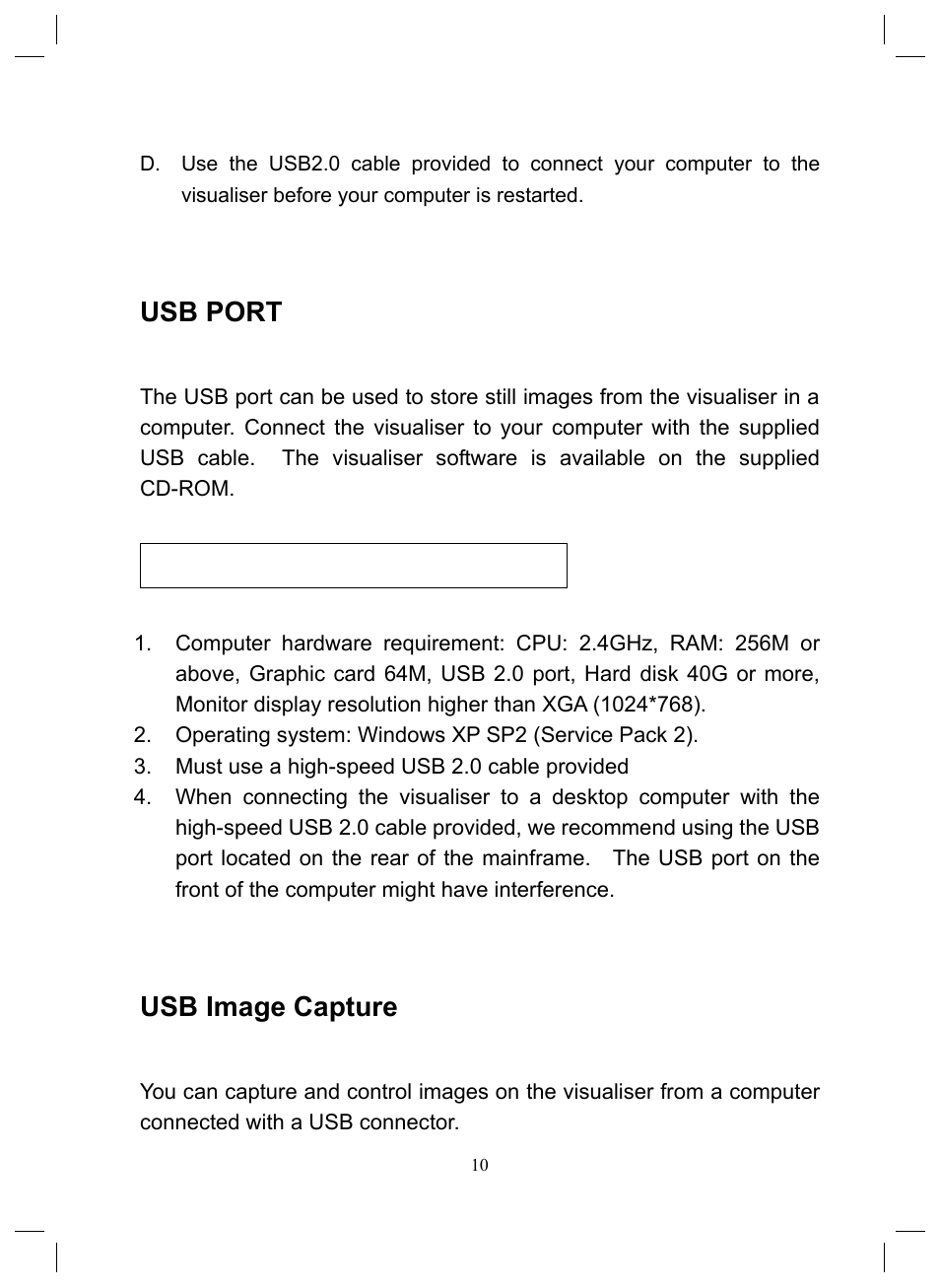Installing visualiser software, Usb port, Usb image capture | Genee World GGV-150 User Manual | Page 11 / 16