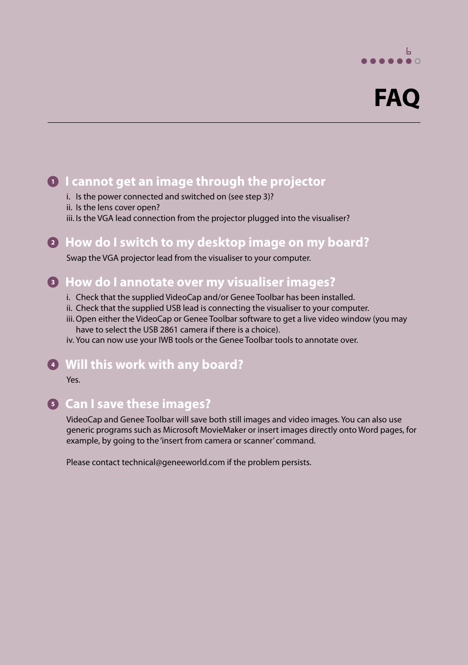 I cannot get an image through the projector, How do i switch to my desktop image on my board, How do i annotate over my visualiser images | Will this work with any board, Can i save these images | Genee World GV-150 Quick Start User Manual | Page 9 / 12