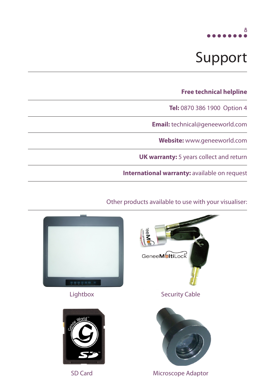 Support | Genee World GV-3100 User Manual | Page 11 / 12