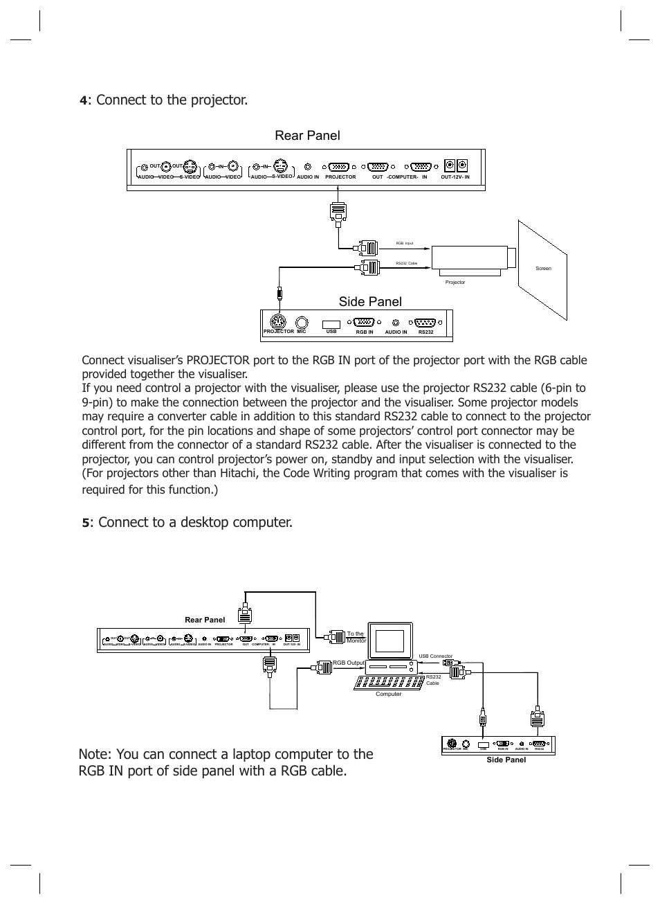 Connect to a desktop computer, Connect to the projector, Side panel | Rear panel | Genee World GV-6100 User Manual | Page 6 / 24