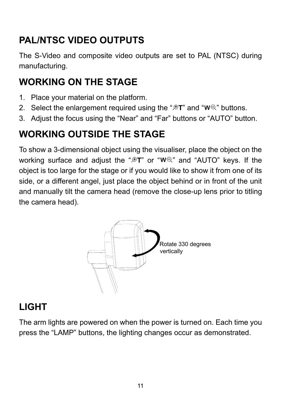 Pal/ntsc video outputs, Working on the stage, Working outside the stage | Light | Genee World GV-9100 User Manual | Page 13 / 28