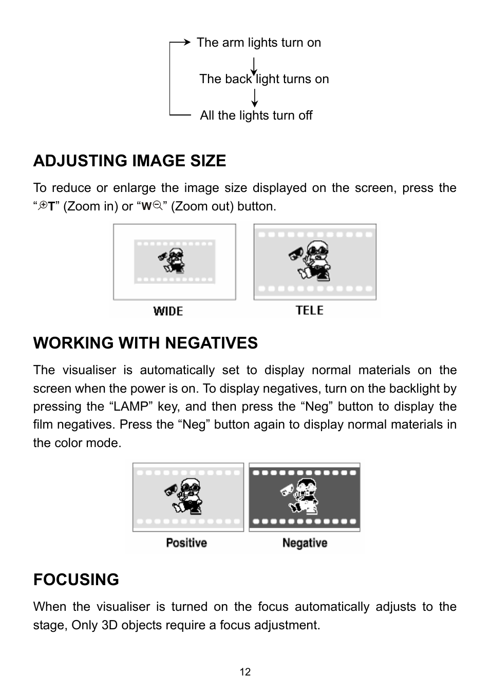 Adjusting image size, Working with negatives, Focusing | Genee World GV-9100 User Manual | Page 14 / 28