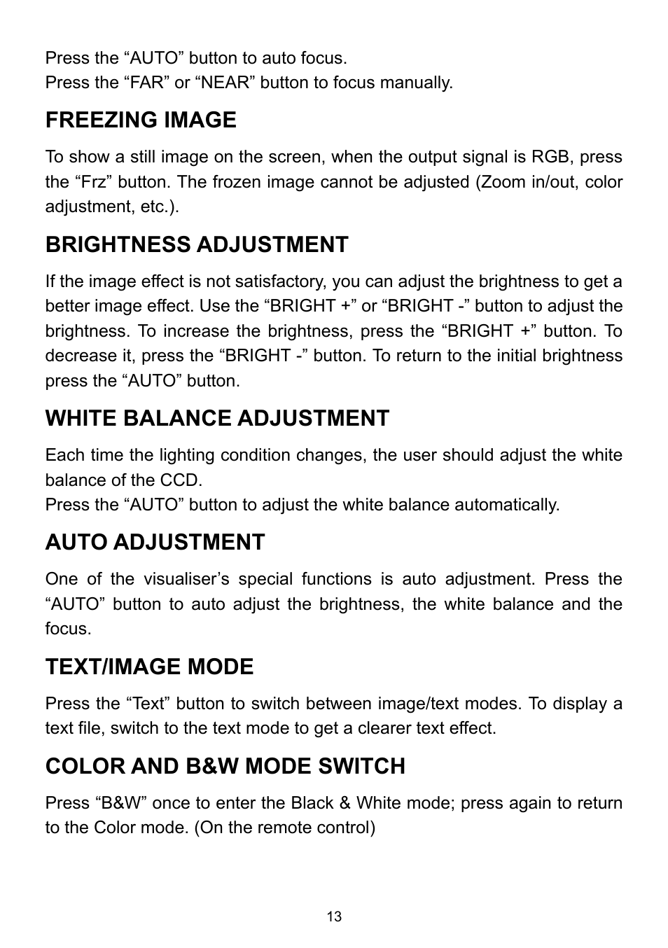 Freezing image, Brightness adjustment, White balance adjustment | Auto adjustment, Text/image mode, Color and b&w mode switch | Genee World GV-9100 User Manual | Page 15 / 28