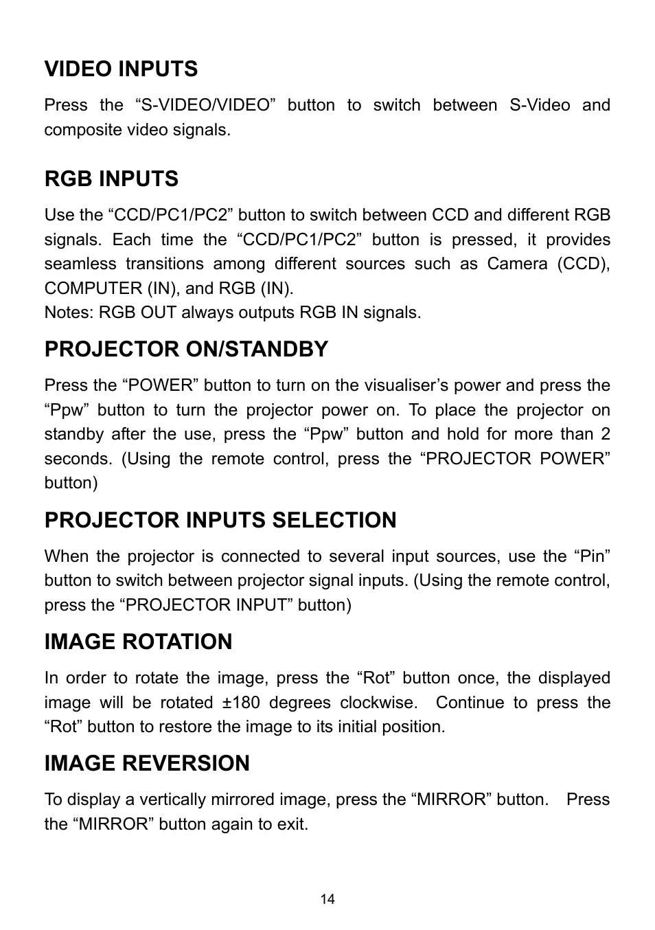 Video inputs, Rgb inputs, Projector on/standby | Projector inputs selection, Image rotation, Image reversion | Genee World GV-9100 User Manual | Page 16 / 28