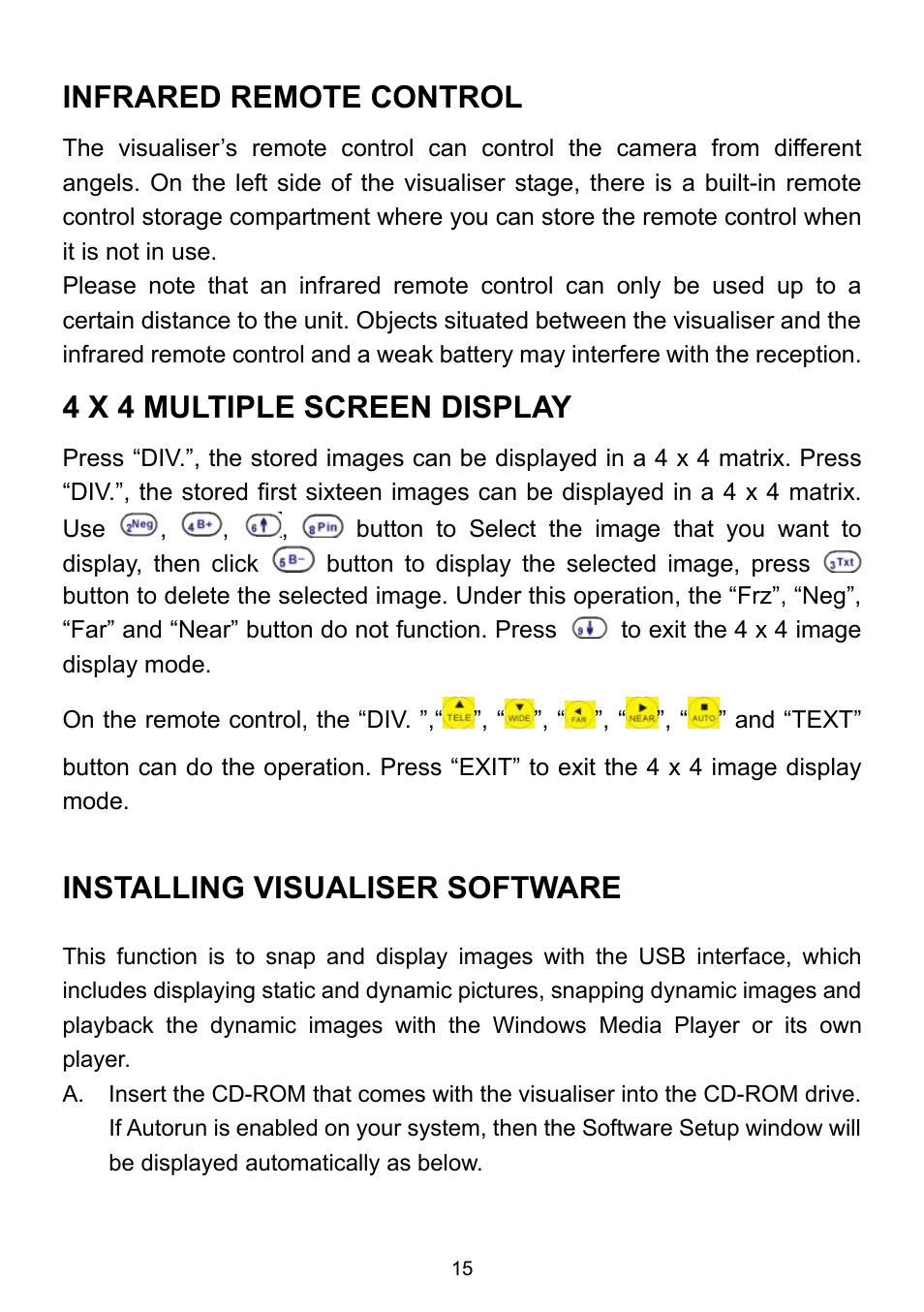 Infrared remote control, 4 x 4 multiple screen display, Installing visualiser software | Genee World GV-9100 User Manual | Page 17 / 28