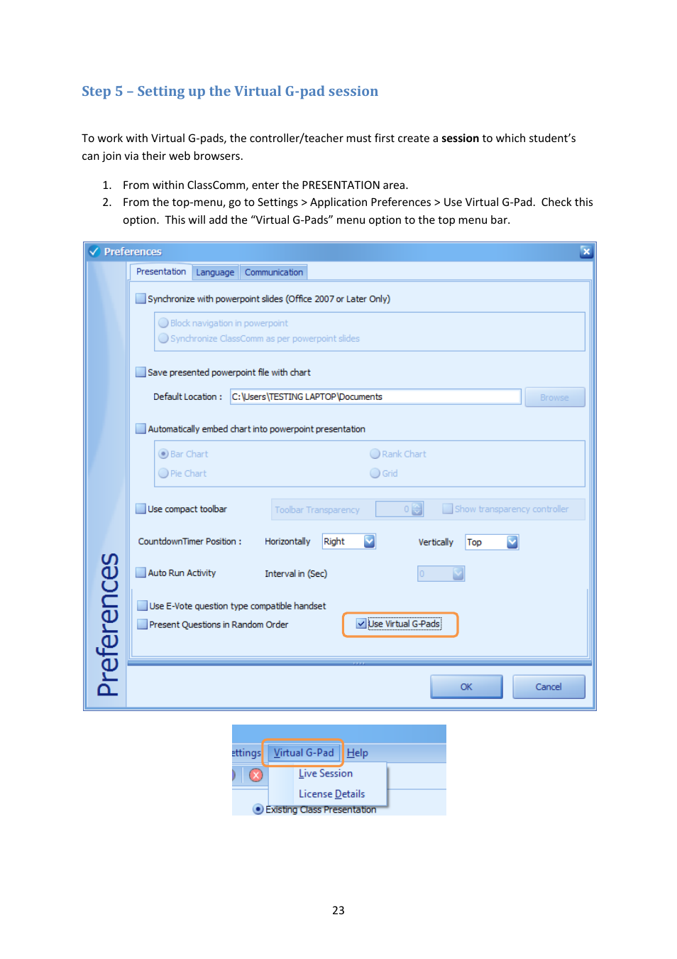 Step 5 – setting up the virtual g-pad session | Genee World Virtual G Pad User Manual | Page 23 / 42