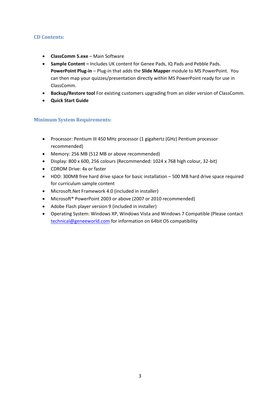 Cd contents, Minimum system requirements | Genee World Virtual G Pad User Manual | Page 3 / 42