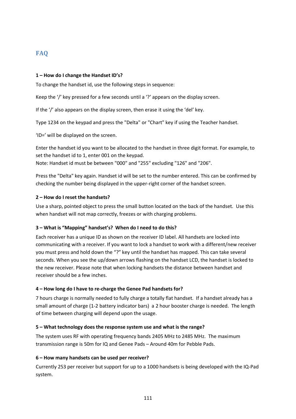 1 – how do i change the handset id’s, 2 – how do i reset the handsets, 6 – how many handsets can be used per receiver | Genee World ClassComm User Manual | Page 111 / 112