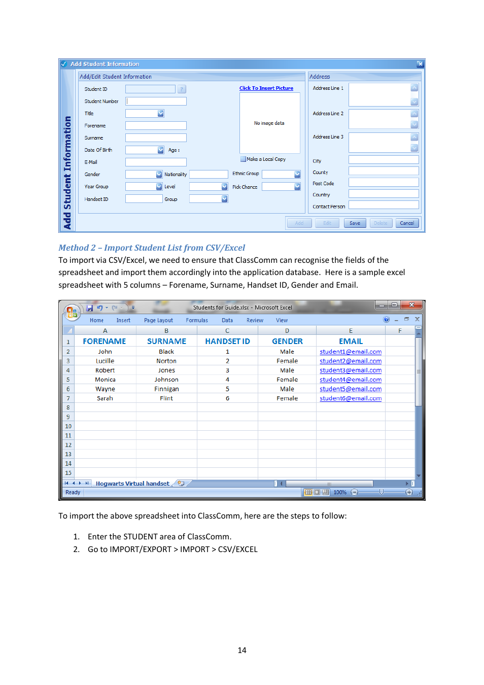 Method 2 – import student list from csv/excel | Genee World ClassComm User Manual | Page 14 / 112