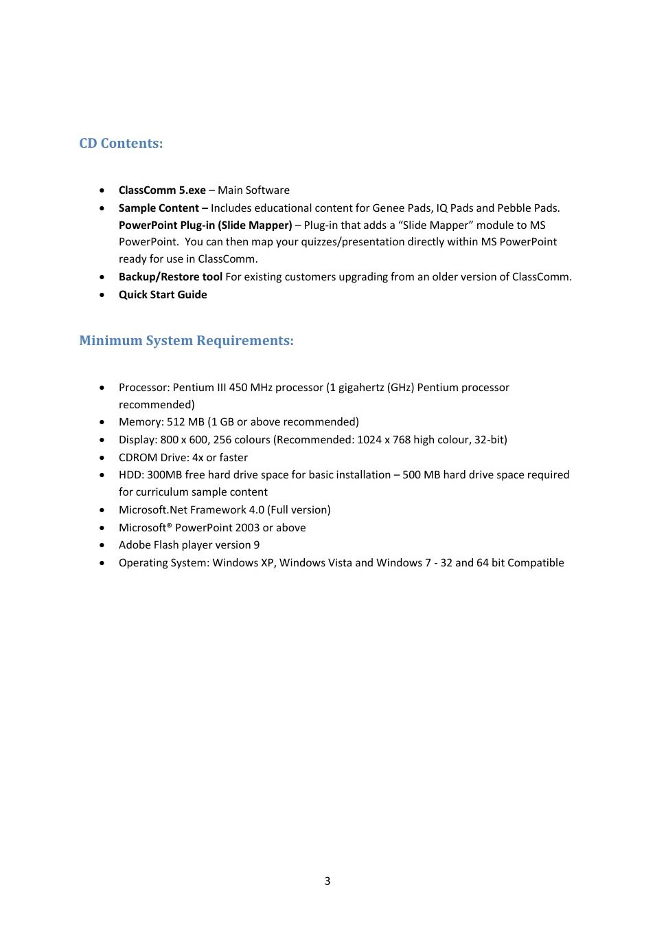 Cd contents, Minimum system requirements | Genee World ClassComm User Manual | Page 3 / 112
