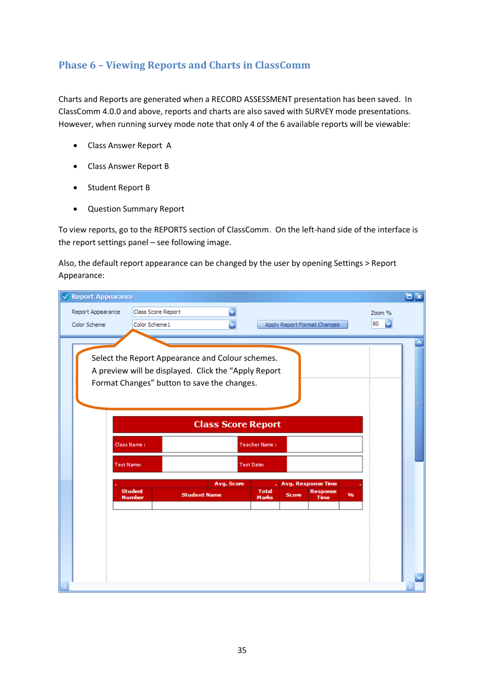 Phase 6 – viewing reports and charts in classcomm | Genee World ClassComm User Manual | Page 35 / 112