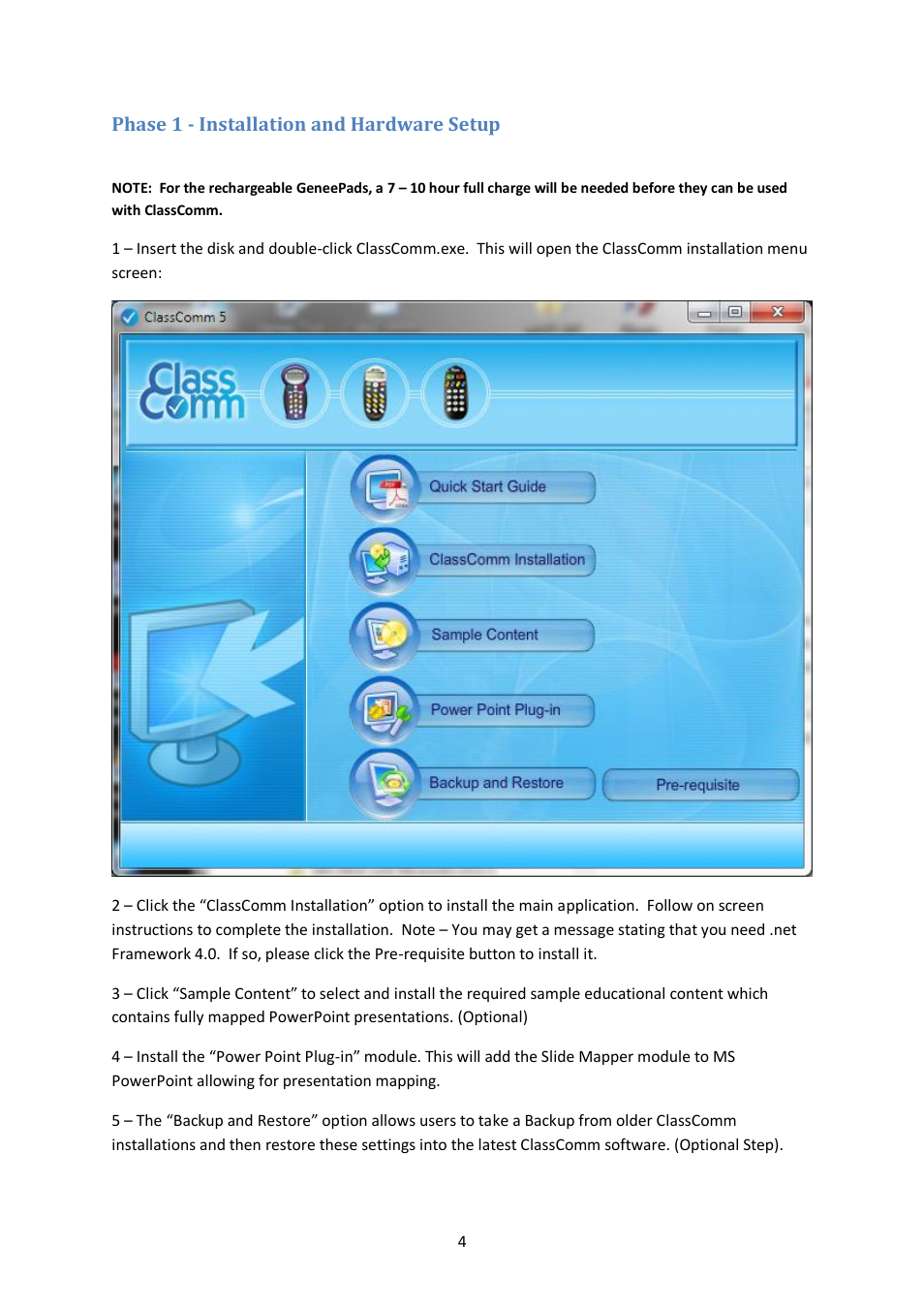 Phase 1 - installation and hardware setup | Genee World ClassComm User Manual | Page 4 / 112