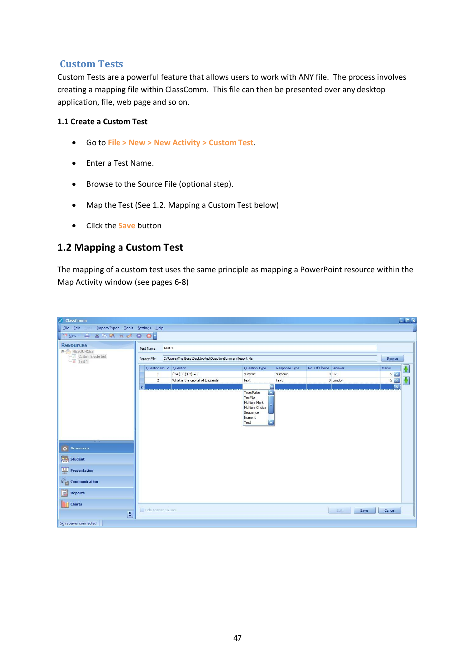 Custom tests, 2 mapping a custom test | Genee World ClassComm User Manual | Page 47 / 112