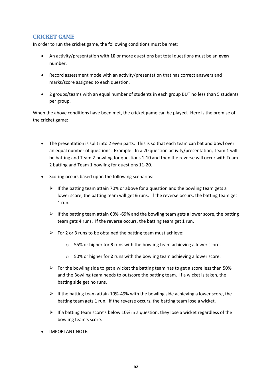 Cricket game | Genee World ClassComm User Manual | Page 62 / 112