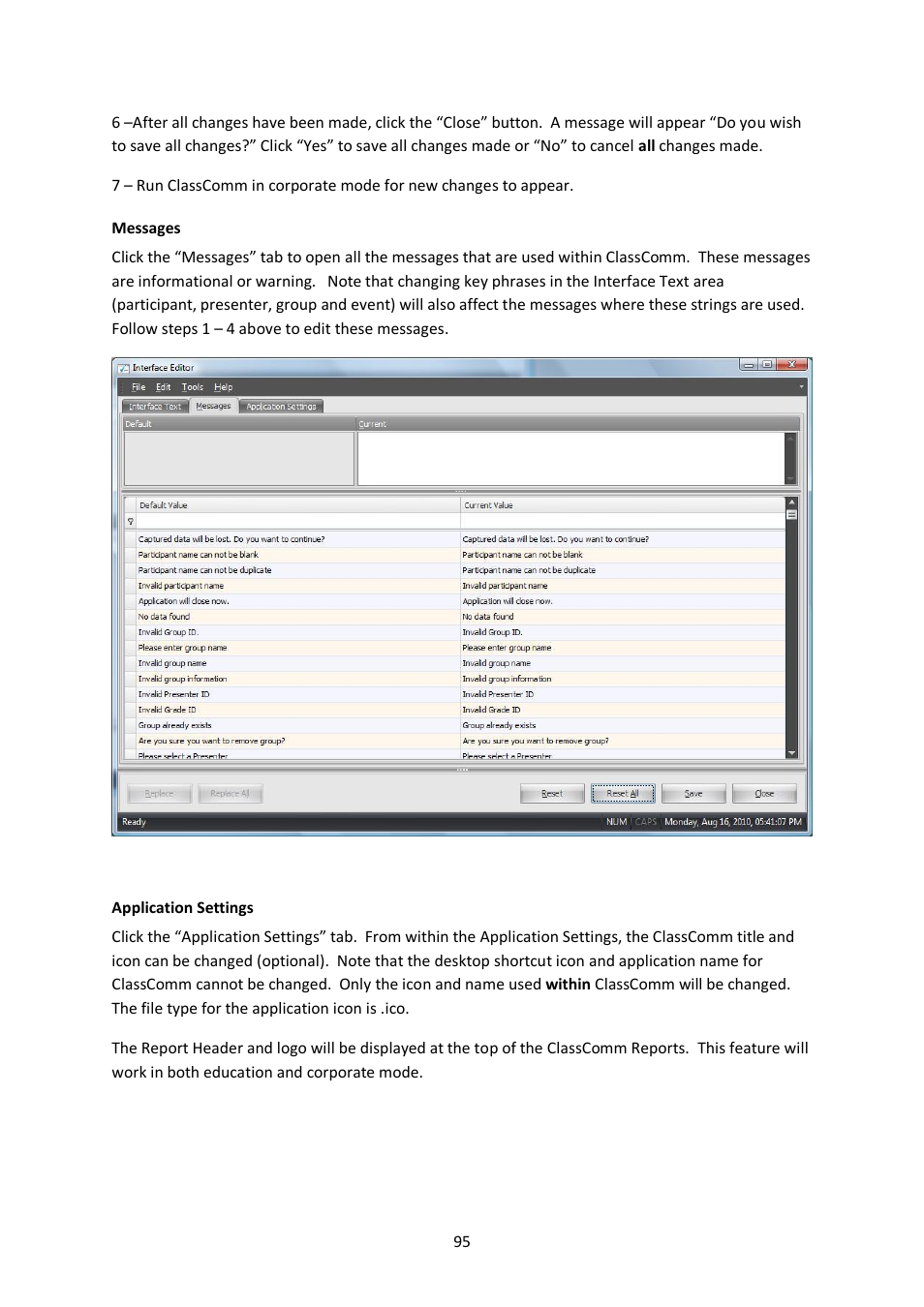 Messages, Application settings | Genee World ClassComm User Manual | Page 95 / 112